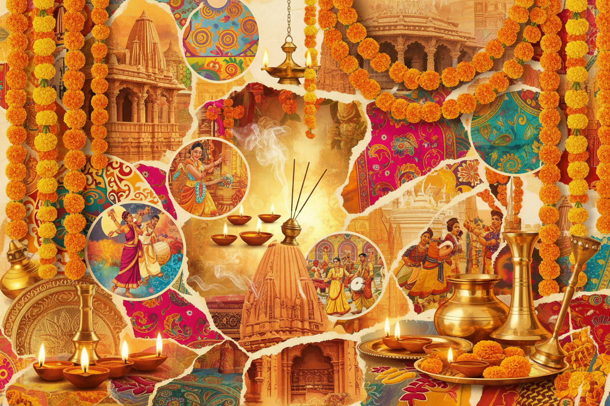 Collage of Indian cultural elements including rangoli, marigolds, temples, and festive traditions