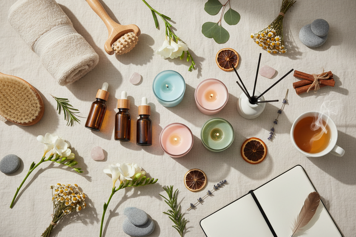 Flat lay featuring wellness items and various scent sources