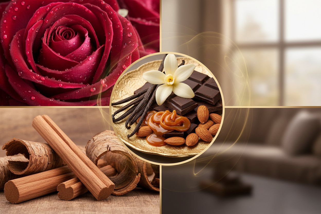Image collage of rich roses, woods, gourmand aroma notes
