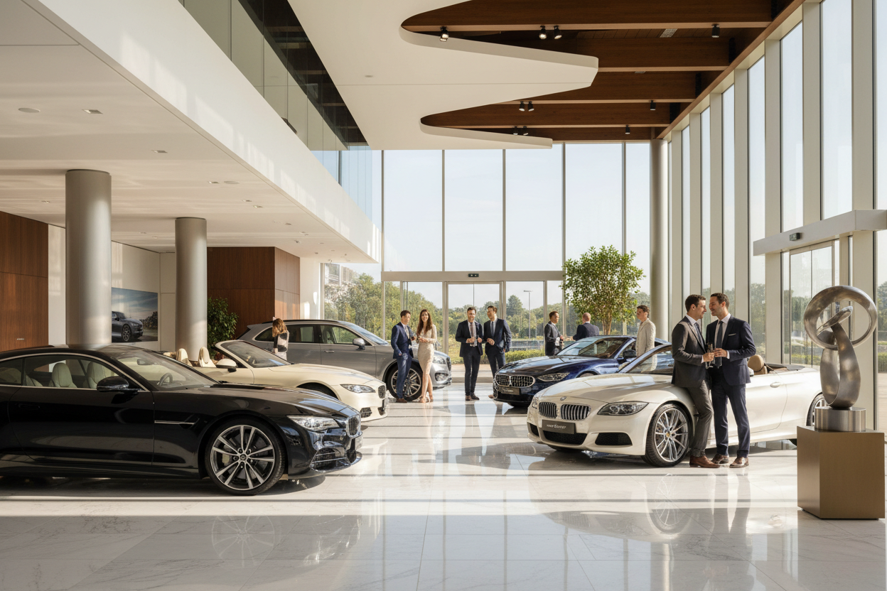 Luxury car showroom where buyers and sales people are interacting with each other. 