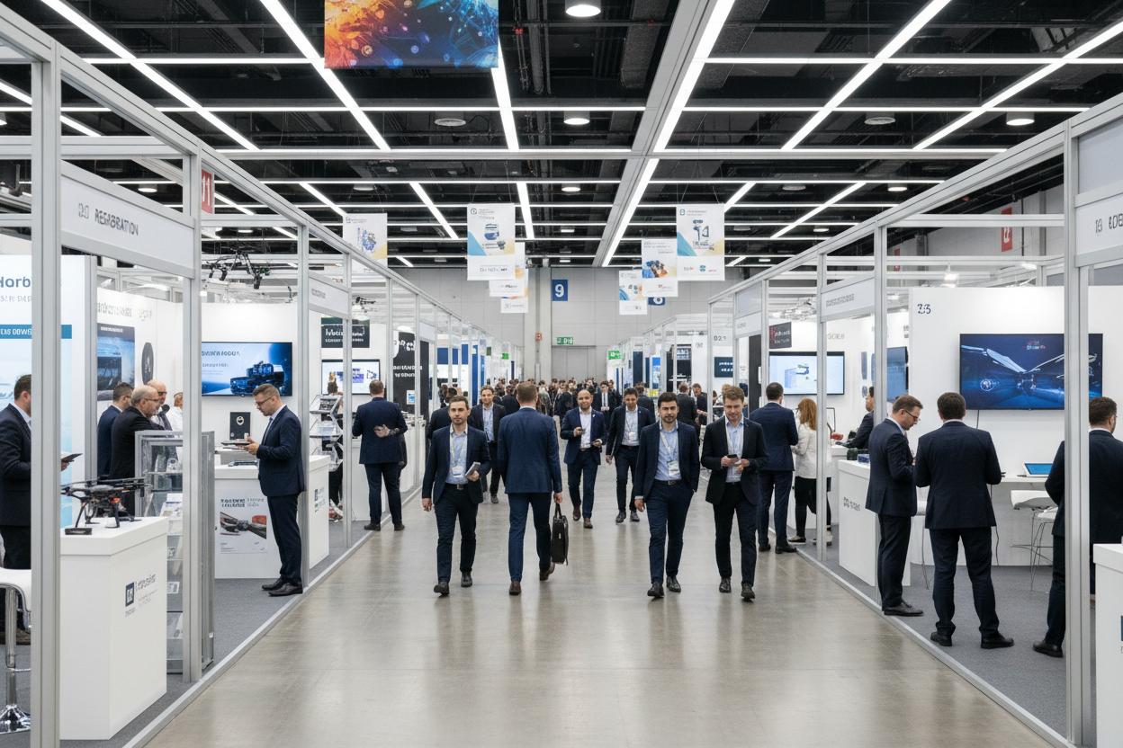 Show an event or a conference in process where exhibitors are showcasing products